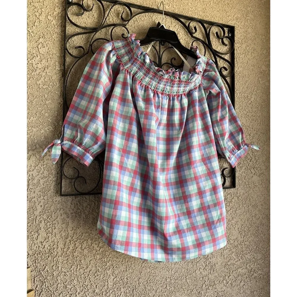 kate spade Pink and Light Blue Plaid Off-Shoulder Blouse